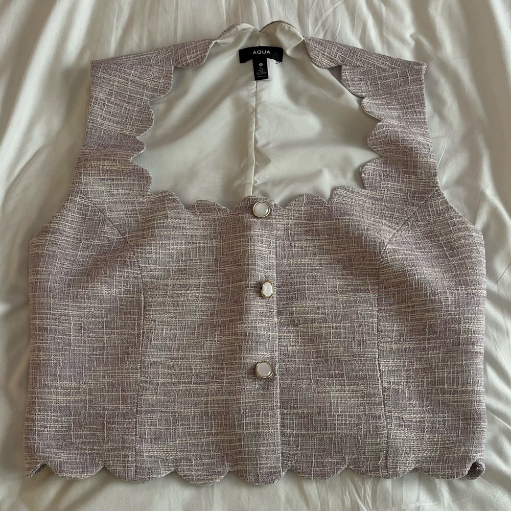 Aqua Scalloped Tweed Cropped Vest